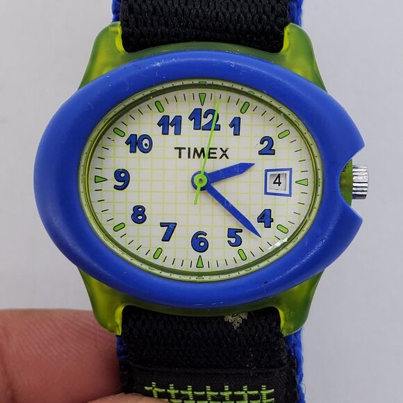 Timex Kids 30MM Watch Blue Green Black Nylon Strap Date Indicator New Battery - Picture 1 of 12